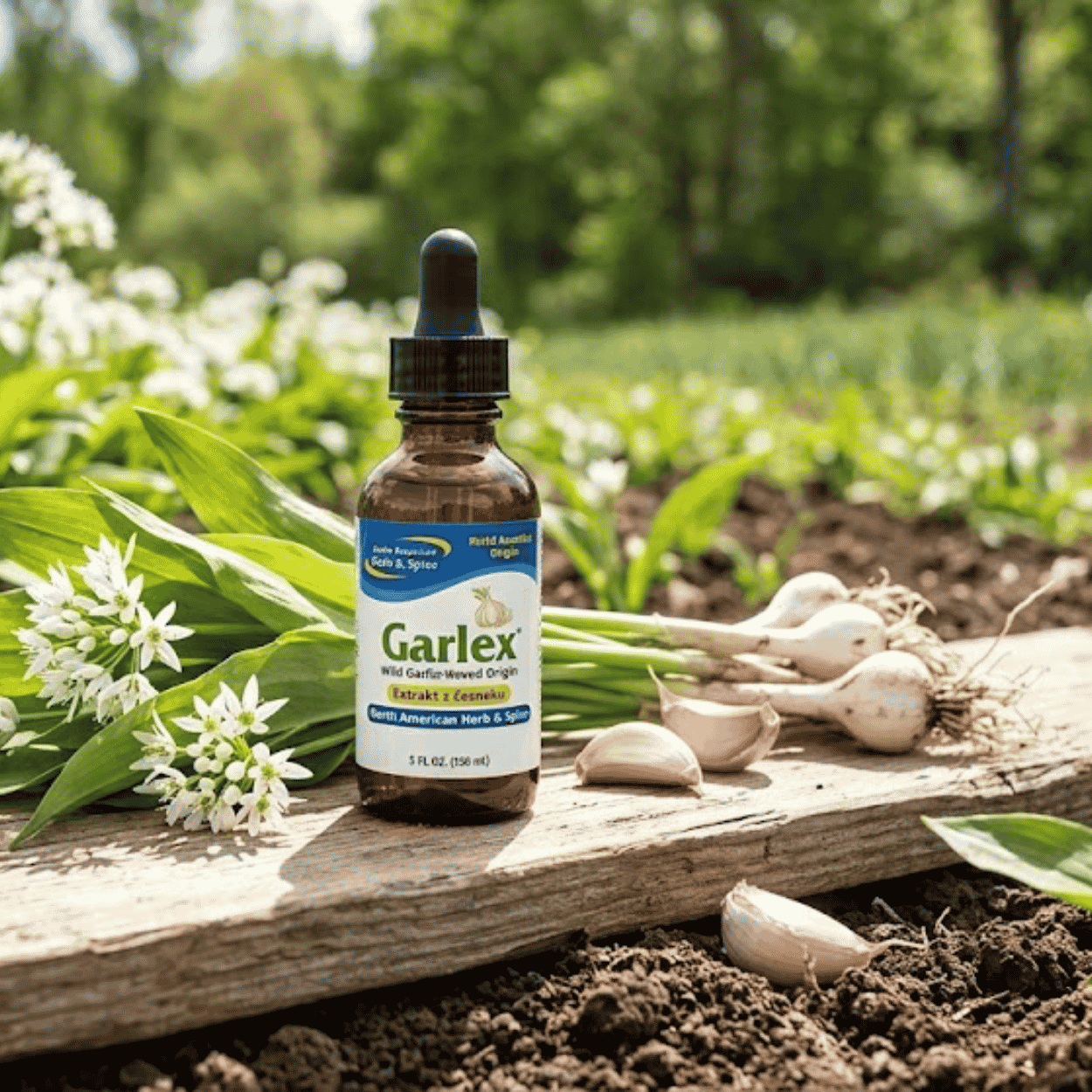 The image shows a bottle of Garlic Extract - Garlex_3.png with a dropper standing on an old wooden board in the middle of a field, surrounded by flowering wild garlic plants and freshly harvested garlic cloves and bulbs.